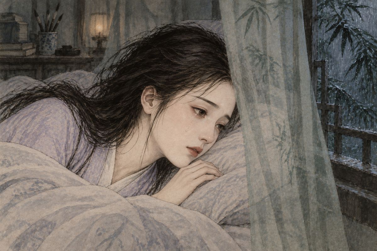 Soon a woman from Baochai's household came through the rain with a large packet of the best bird's nest. Zijuan drew the curtains and put Daiyu to bed. Lying awake, she thought gratefully of Baochai, envied her the mother and brother she still had, and knew Baoyu must always stay at a careful distance. Rain pattered on the bamboo, and she wept until near dawn.