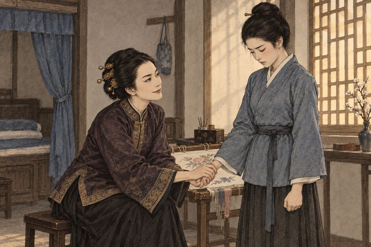 Jia She took a fancy to Yuanyang, Grandmother Jia's chief maid, and sent his wife to get her. Lady Xing found her sewing, took her hand and offered her the rank of concubine, with honour and comfort. Yuanyang went red and hung her head. Whatever Lady Xing said, she did not say a single word.