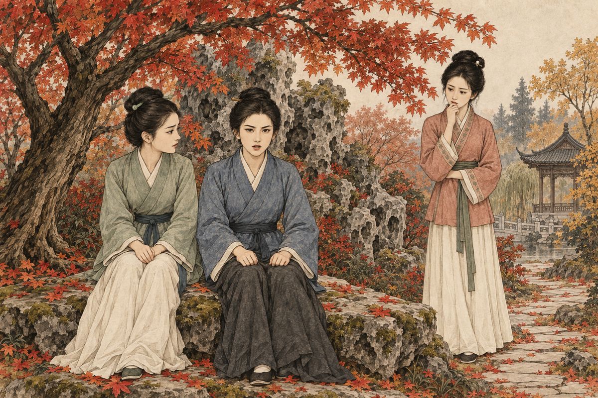 Yuanyang slipped away into the garden. Under a red maple she told Ping'er and Xiren she would not go, and would not go even as his first wife. They teased her, then warned her that Jia She would not let it drop. "Then I'll cut off my hair and become a nun," she said, "or else there is always death."