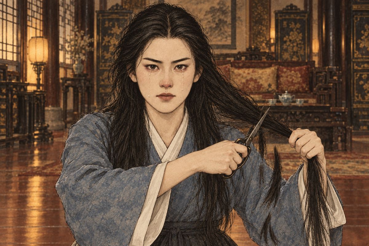 Yuanyang pretended to give in and asked to be taken to Grandmother Jia. There, before the whole family, she knelt and told everything, swearing never to marry. As she spoke she drew hidden scissors from her sleeve, shook down her hair and cut. The women seized her, but half a lock had already fallen.