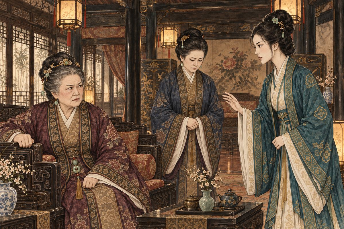 Grandmother Jia shook all over with rage and turned on Lady Wang: "So you've all been deceiving me!" Lady Wang stood and could not answer, and no one else dared speak. Tanchun came in from outside the window and said gently that a younger brother's wife could hardly know about her brother-in-law's affairs. Grandmother Jia saw she was right, and apologised.