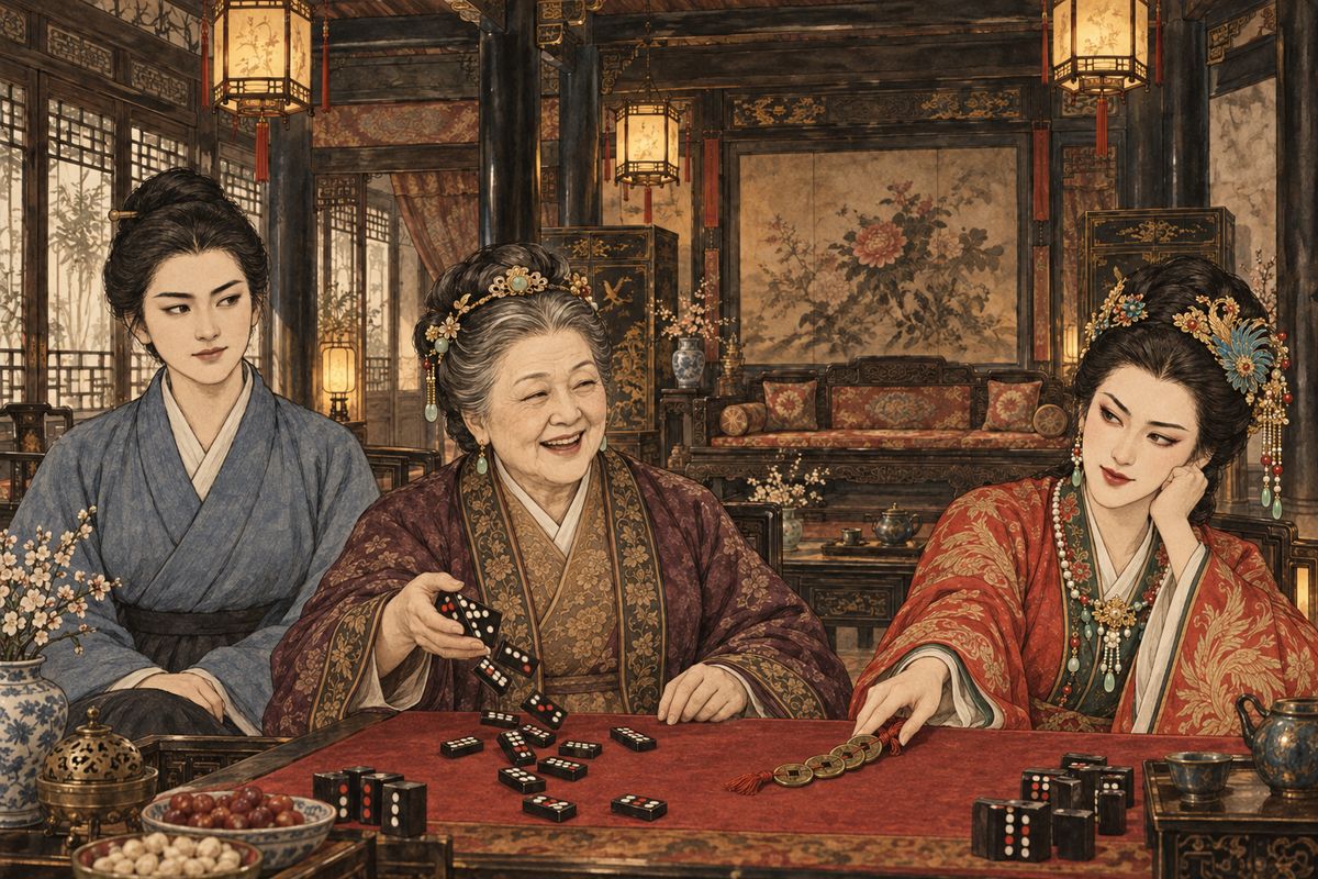 To soothe the old lady, Xifeng set up a game of dominoes and lost on purpose, while Yuanyang sat behind her mistress and secretly signalled which tiles she needed. Grandmother Jia laughed again. Shamed, Jia She pleaded illness and kept away from her, then paid eight hundred taels for a girl of seventeen called Yanhong.