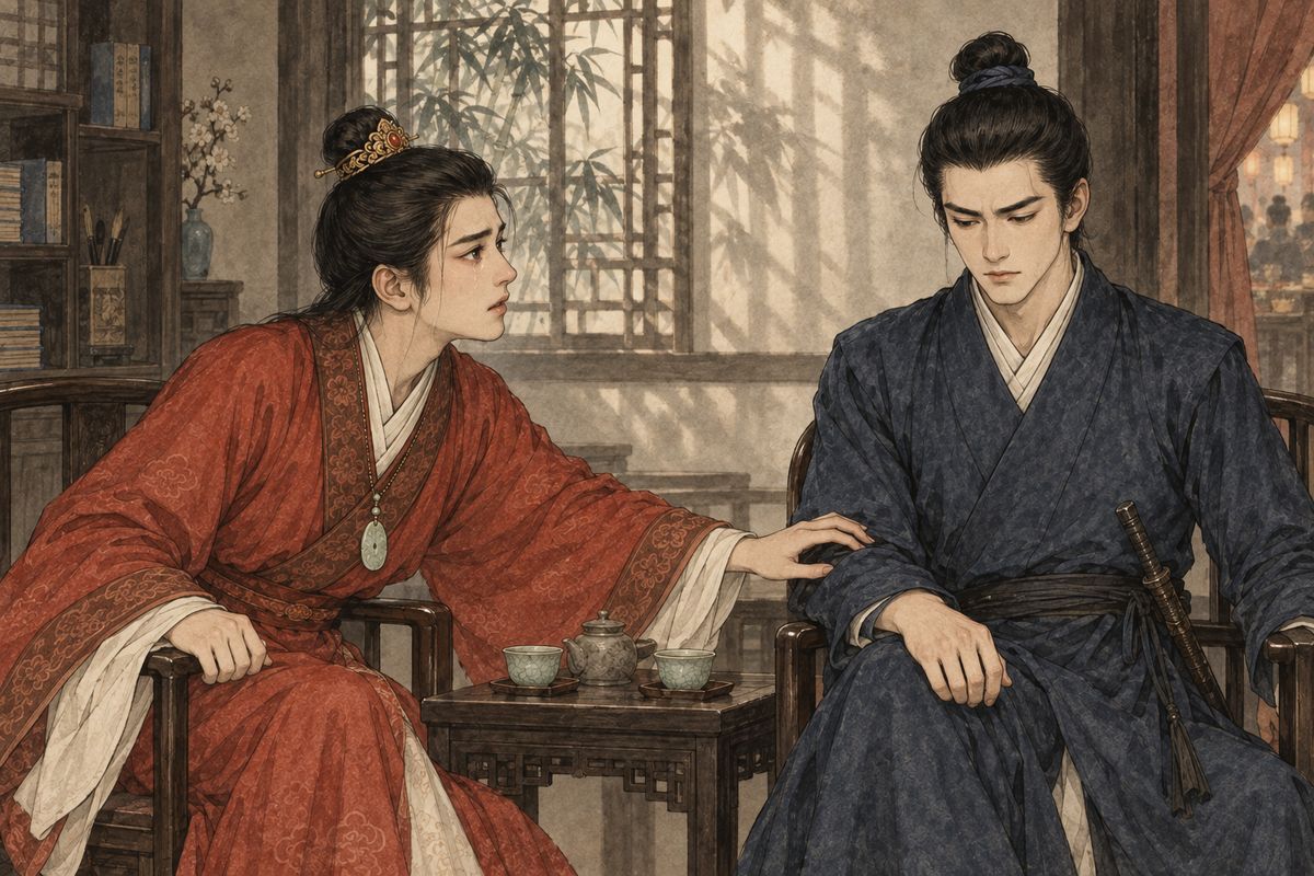 On the fourteenth, at a banquet in the Lai family's garden, Baoyu drew Liu Xianglian aside into a small study and asked about Qin Zhong's grave. Xianglian had quietly paid men to repair it after the summer rains. He said he was leaving to wander for a few years. Baoyu wept and begged him to say goodbye first.