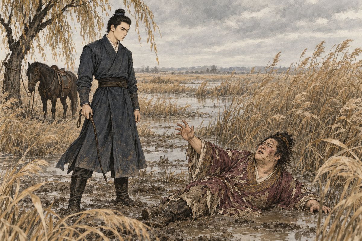 Xue Pan, drunk, pestered Xianglian and took him for an actor to be bought. Xianglian lured him alone to a reed marsh beyond the north gate. As Xue Pan knelt to swear eternal devotion, Xianglian struck him down, whipped and pummelled him and dragged him through the mud until he begged, "Good grandfather, spare me!"