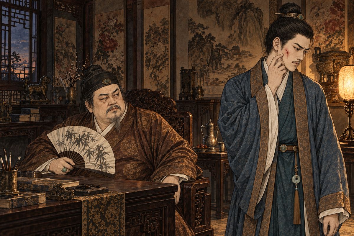 Ping'er brought Baochai darker news. Jia She had coveted twenty antique fans owned by a starving man called the Stone Fool, who would rather die than sell. Jia Yucun charged him with owing the state money and seized the fans. When Jia Lian said that ruining a man over trifles was no great feat, his father beat him.