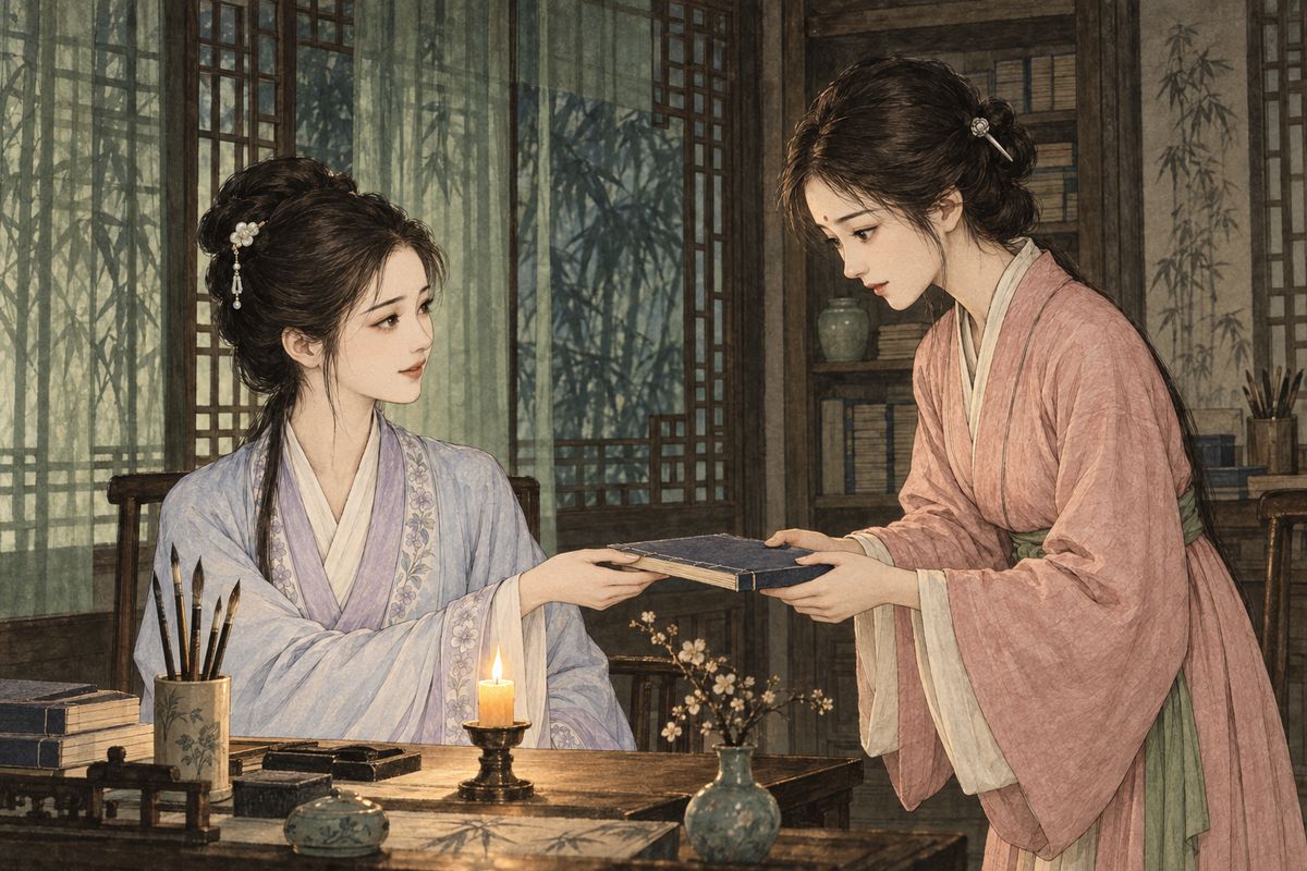 That evening Xiangling went to Bamboo Lodge, and Daiyu gladly took her as a pupil. Tonal rules matter less than true meaning, Daiyu said; forget the easy charms of Lu You. Read a hundred of Wang Wei's poems, then Du Fu, then Li Bai. Xiangling took the book home and read by lamplight long after Baochai told her to sleep.