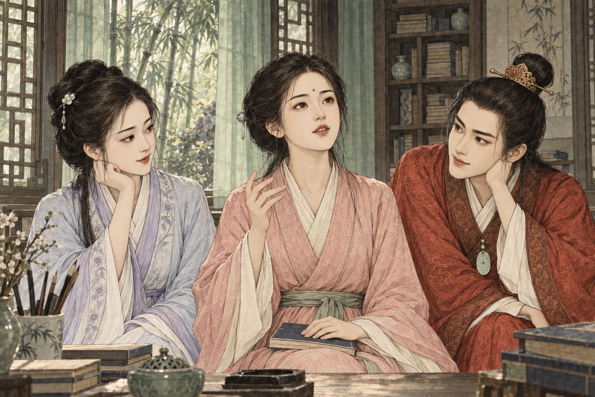 Days later Xiangling brought the book back, full of discoveries. 'Straight' for desert smoke seemed senseless and 'round' for the setting sun too plain, she said, yet close the book and you saw the scene, and no other words would do. Baoyu said she had grasped the secret already. Daiyu set her a test: last night's moon.