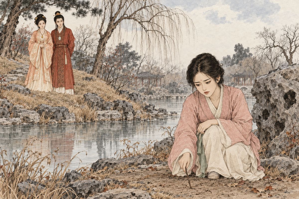 Her first moon poem had meaning but clumsy words, Daiyu said. Xiangling stopped going indoors. She sat on the rocks by the pool, squatted scratching at the dirt, frowned, then smiled to herself. From the slope Baochai, Baoyu and the others watched in wonder. 'This girl is going mad,' Baochai laughed.
