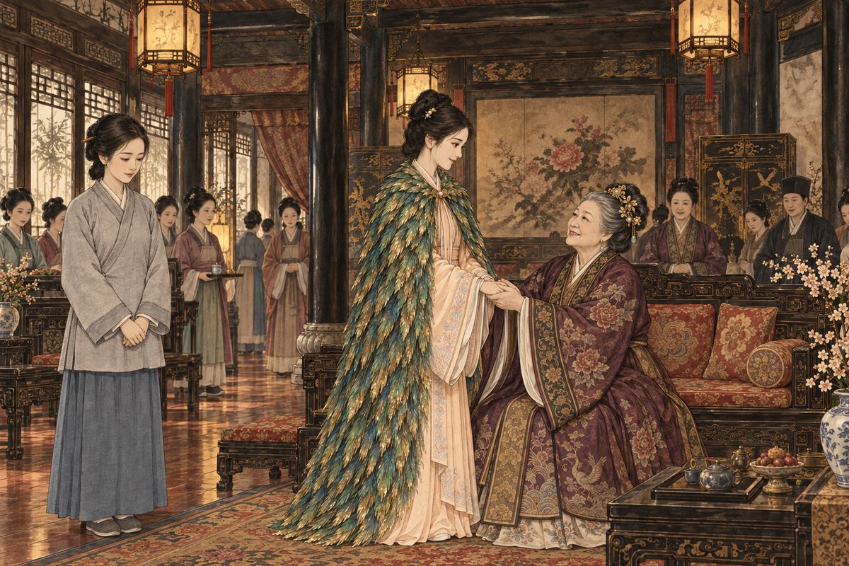 Relatives arrived all at once: Lady Xing's niece Xiuyan, Li Wan's cousins Li Wen and Li Qi, and Baochai's cousin Baoqin, who had come to the capital to be married. Grandmother Jia adored Baoqin at first sight, made Lady Wang adopt her, and kept the girl in her own rooms.