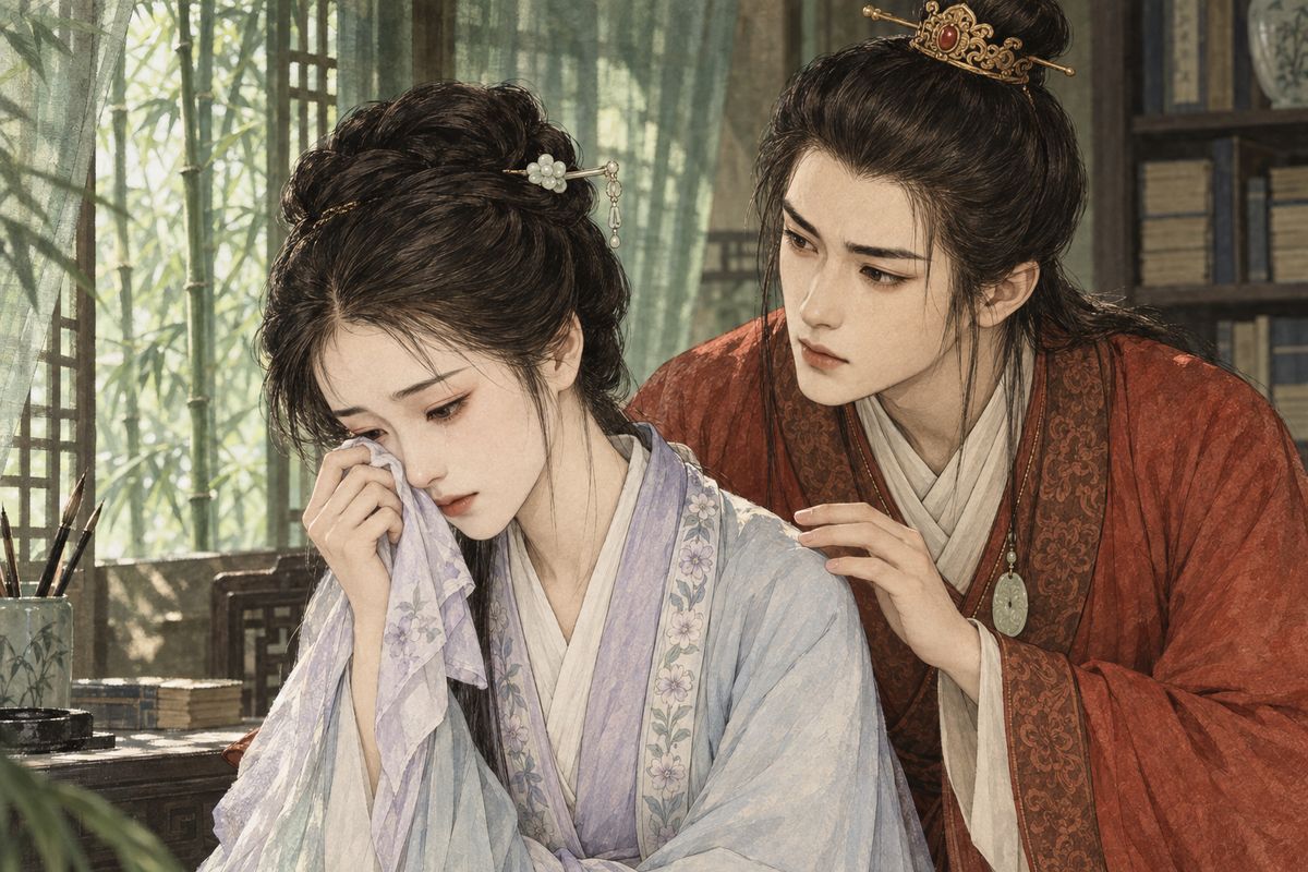 Seeing everyone else embraced by family, Daiyu slipped back to Bamboo Lodge and wept that she had no sisters of her own. She told Baoyu she had made peace with Baochai, then admitted, "My heart aches, but the tears seem fewer than last year." Baoyu gently told her she was imagining it.