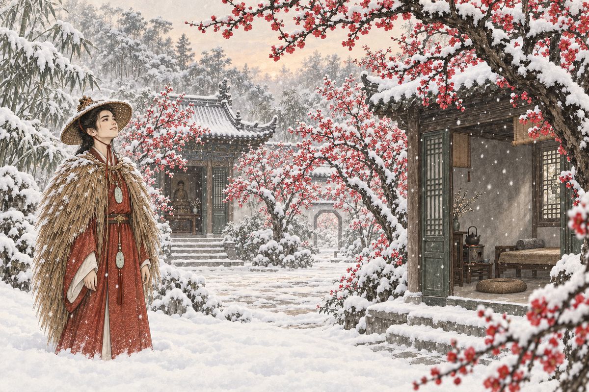 Li Wan called a snow meeting of the poetry club, and the girls came in matching scarlet felt cloaks. Next dawn Baoyu found a foot of fresh snow. In a straw rain cape he hurried out, and outside Miaoyu's nunnery he stopped short: a dozen red plum trees glowed like rouge against the white.