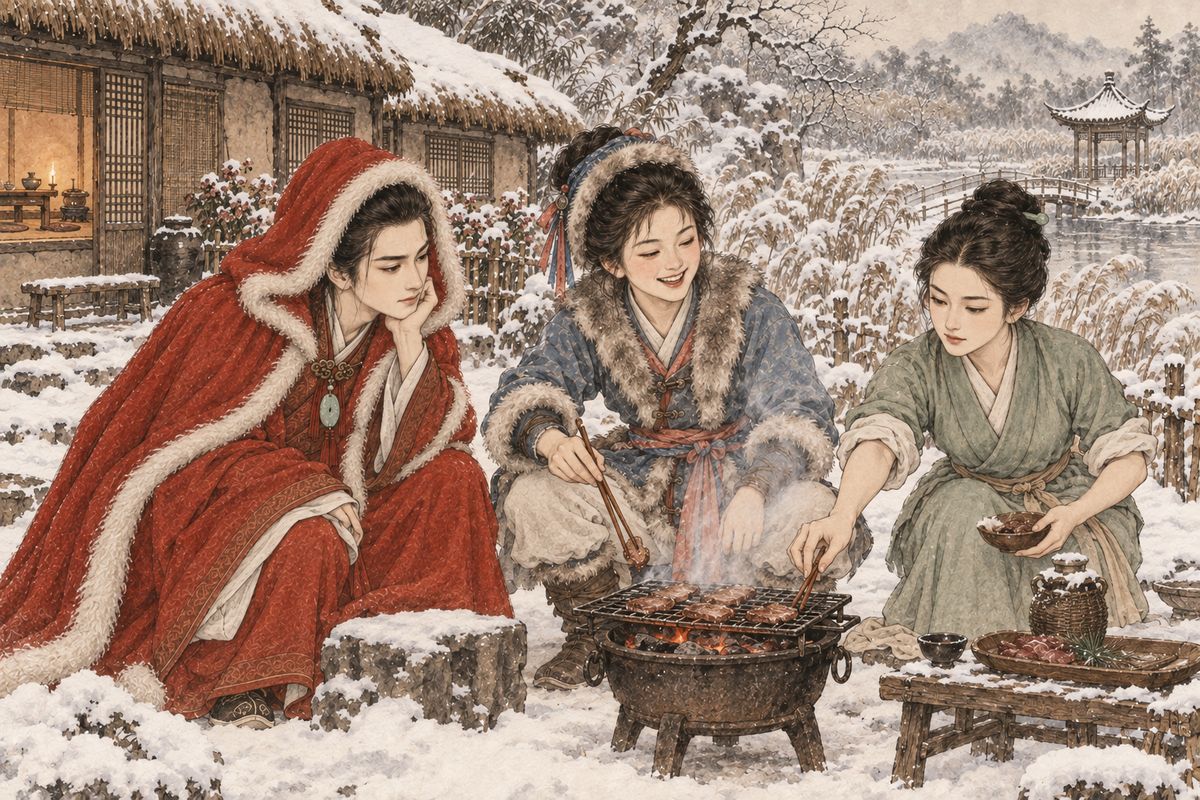 Xiangyun begged a slab of fresh venison, and she and Baoyu grilled it by the reeds. Ping'er, sent with Xifeng's apologies, stayed too, and pulled off her bracelets to join them. Xiangyun scoffed at the squeamish: "True gentlemen are free and easy — you're all false refinement!" Soon everyone, even Baoqin, was eating.