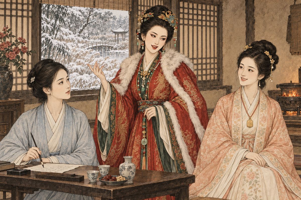 After the feast one of Ping'er's bracelets had vanished; Xifeng only laughed that it would turn up within three days. The linked-verse contest began, and Xifeng insisted on giving the first line: "All night the north wind blew hard." The poets agreed its plainness was a perfect opening, leaving room for everyone after.