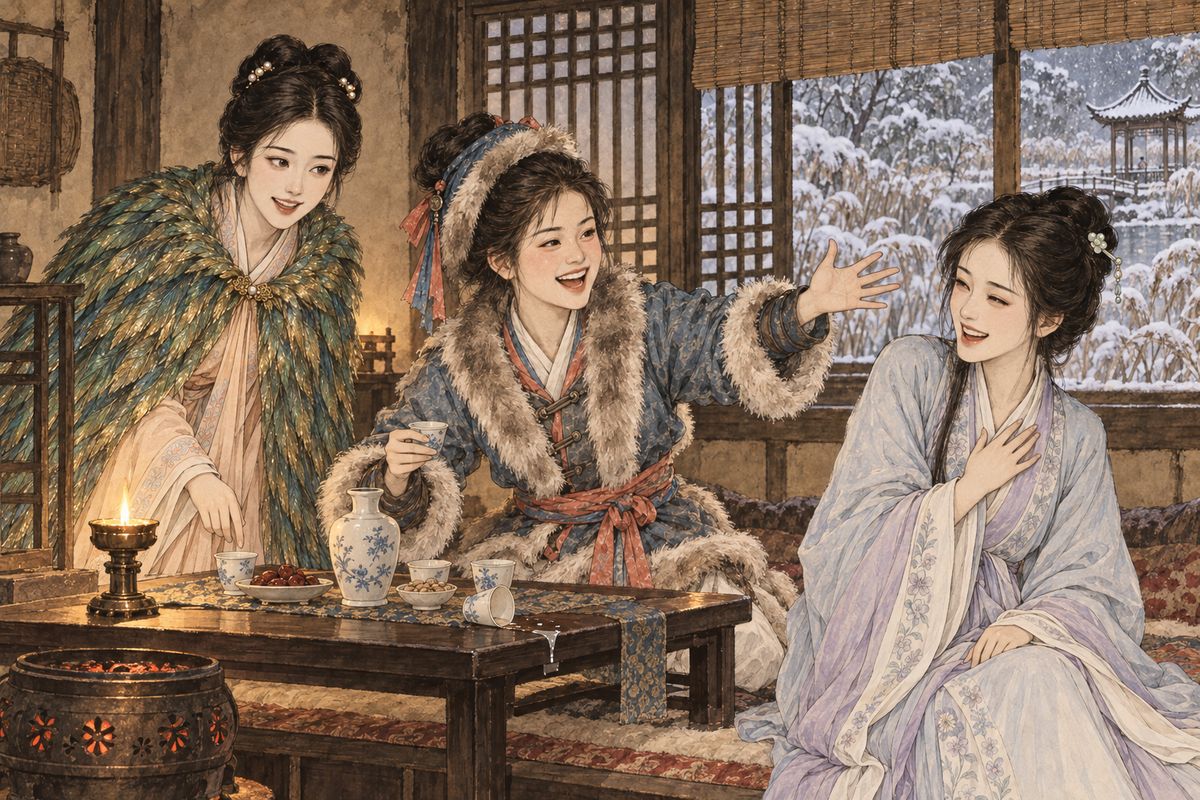 Xiangyun would yield to no one. She fought Baoqin and Daiyu line for line, snatching rhymes as fast as they came, dropping her teacup mid-sip, until she laughed so hard she collapsed against Baochai. "This isn't poetry," she gasped, "it's fighting for my life!" The others simply stopped writing and watched.