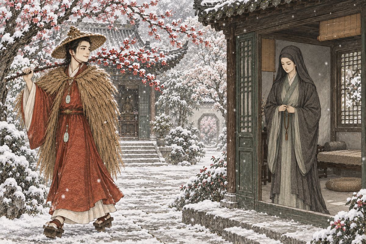 Baoyu came last, as usual, so Li Wan set his penalty: fetch a branch of red plum from Miaoyu, whom she herself found too haughty to ask. He gulped a hot cup of wine and went alone through the snow, and came back shouldering a branch full of blossom. Of the plum poems that followed, Baoqin's was judged best.