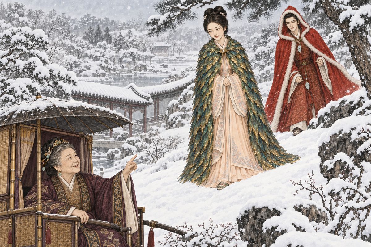 Grandmother Jia visited the poets, then led them out into the snow. On a white slope stood Baoqin in her duck-feather cloak, a maid holding a vase of red plum behind her. "Like the painting in my room," someone said. The old lady shook her head: "The painting hasn't that cloak — nor so lovely a girl!"