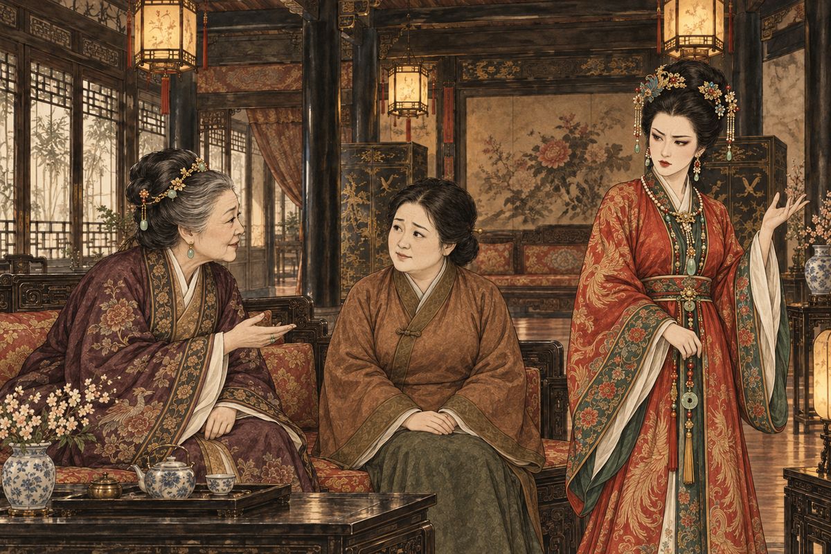 Back in her rooms, Grandmother Jia asked Aunt Xue closely about Baoqin's age and family, and Aunt Xue guessed she meant a match for Baoyu. Gently, she said Baoqin was already promised to the Mei family. Xifeng stamped her foot at the bad luck, and the matter was dropped. Next day Baoqin announced ten riddle poems on historic places.