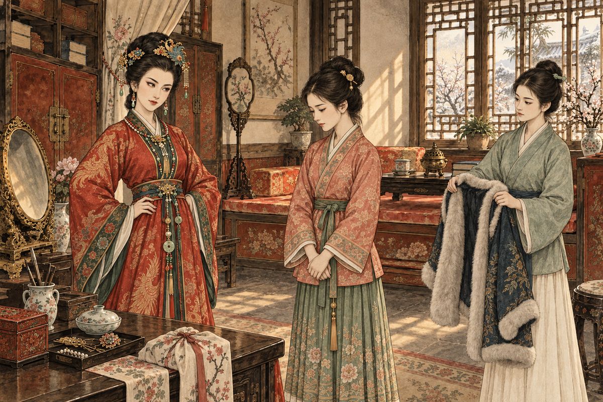 Early in winter, word came that Xiren's mother was dying and wanted her daughter. Xifeng had Xiren dressed in Lady Wang's gifts and lent her own fur jacket. Ping'er brought out a red felt cloak for her and quietly sent a second one to the shivering Xing Xiuyan. That night news came that the mother was beyond help, so Xiren had to stay at home.