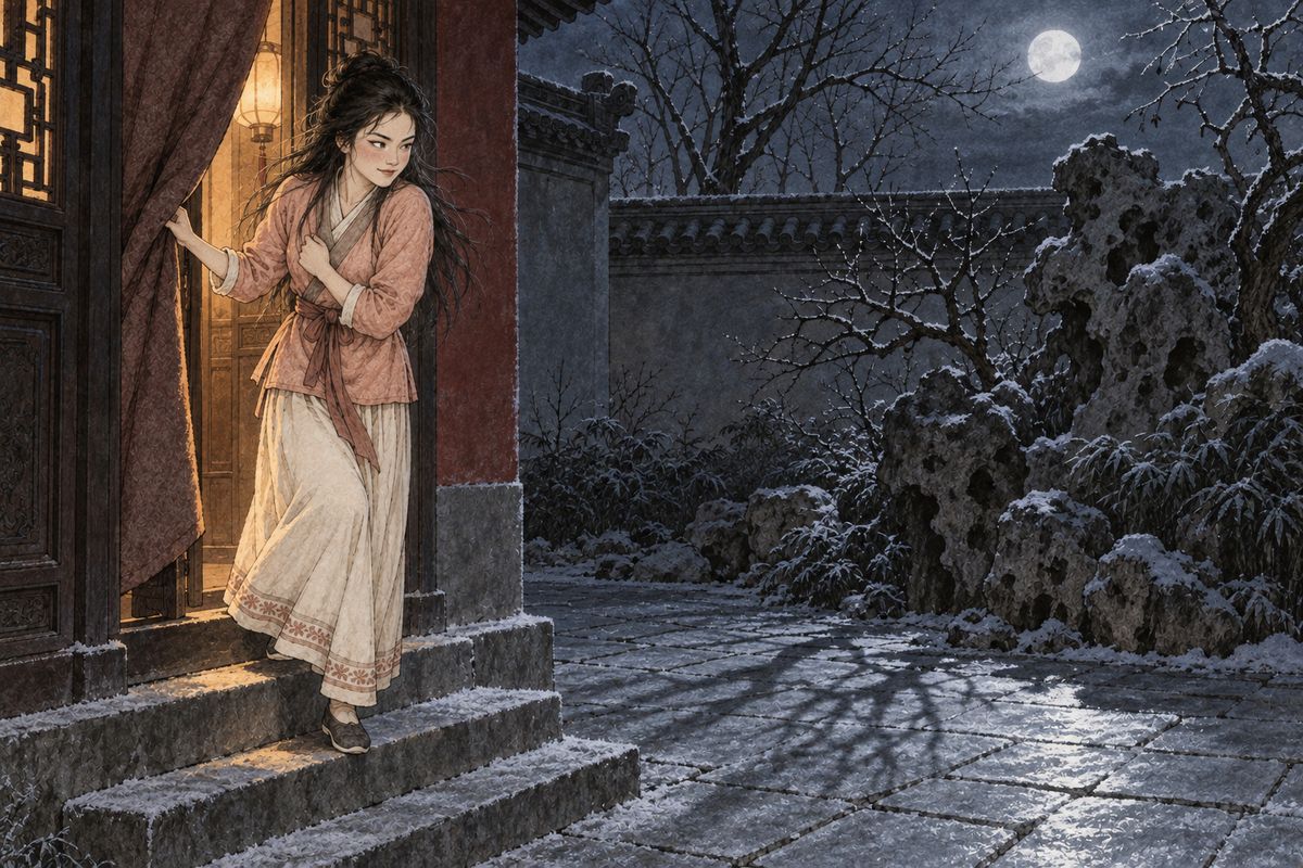 Qingwen and Sheyue slept in Baoyu's rooms while Xiren was away. Past midnight Sheyue stepped out into the moonlight, and Qingwen, proud of never feeling the cold, crept after her in a thin jacket to give her a fright. An icy wind cut her to the bone. By morning her nose was blocked and her head heavy.