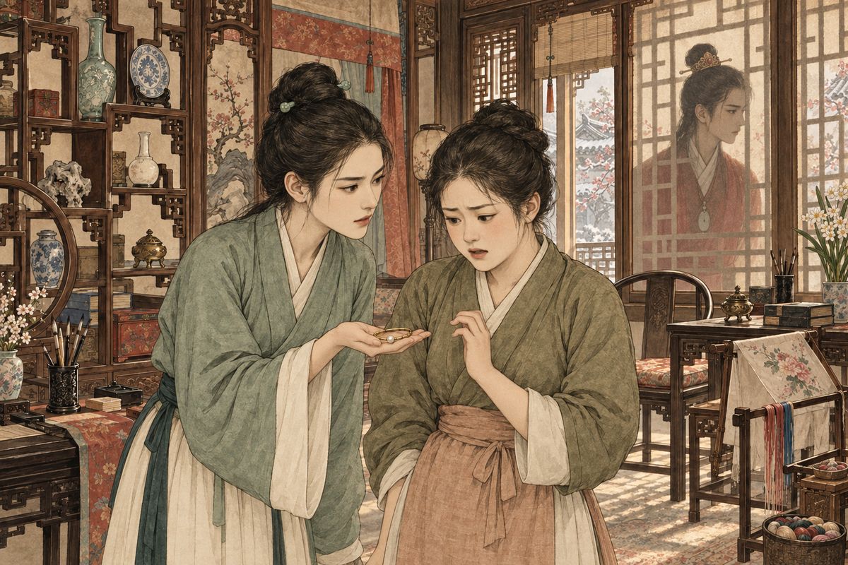 While the elders agreed to set up a kitchen in the garden to spare the girls the cold walk to meals, Ping'er came to Sheyue with a secret. Little Zhui'er had stolen Xifeng's shrimp-whisker bracelet. To spare Baoyu's rooms the shame, Ping'er had claimed she found it in the melting snow. She warned Sheyue not to tell hot-tempered Qingwen. Baoyu overheard at the window.