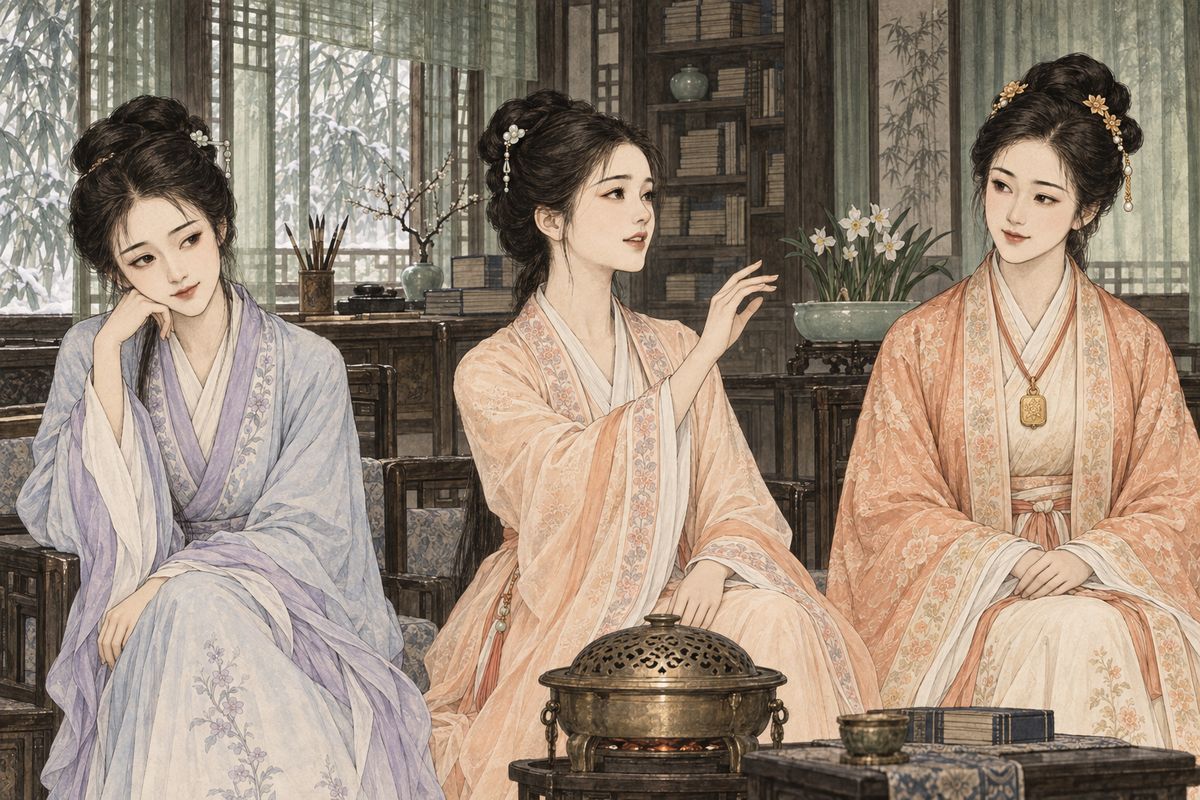 The girls had already argued over whether Baoqin's ten poems on historic places could cite plays and legends. Now, by the brazier at Bamboo Lodge, Baoqin recited a poem written by a golden-haired girl from the True-True Kingdom, whom she had met at eight while travelling with her father. 'She writes better than we do!' everyone agreed.