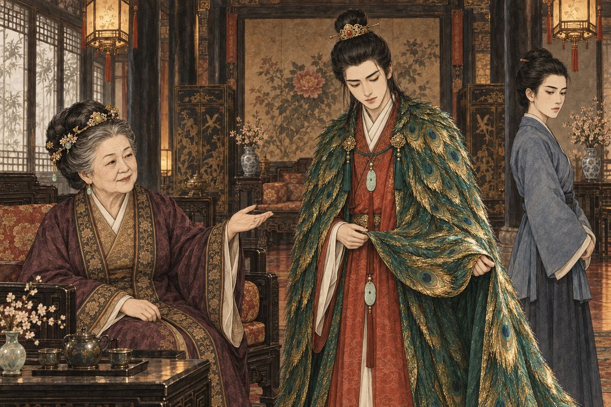 Baoyu was due at his uncle's birthday, and Grandmother Jia gave him a shimmering cloak. 'This is peacock-gold cloth,' she said. 'The Russians twist peacock feathers into thread to weave it. It's the only one left. Spoil it and there will be no other.' Baoyu knelt and bowed his thanks. Yuanyang, still refusing to speak to him, turned away.