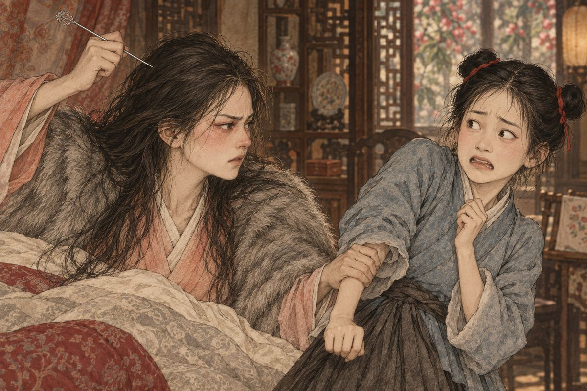 Feverish and furious, Qingwen called Zhui'er to her pillow, seized her hand and jabbed it with a long hairpin. 'What use are claws that can't hold a needle, only steal?' Then she had Zhui'er sent away that same day. When the girl's mother complained, Sheyue silenced her with a lecture on the rules of the inner rooms.