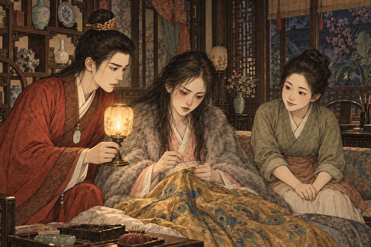 That night Baoyu came home stamping in dismay. A spark from a hand-warmer had burned a hole in the back of the cloak. No weaver or tailor in the city dared touch it, and he had to wear it again tomorrow. Dizzy with fever, Qingwen sat up. 'I'll just have to risk my life.' Sheyue twisted the peacock thread.