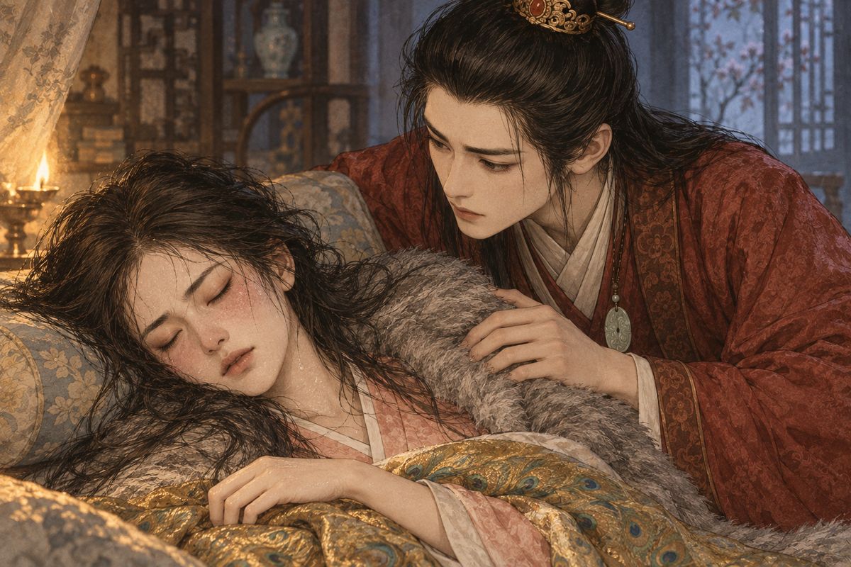 Stitch by stitch she rewove the warp and weft, resting on her pillow after every few needles. As the clock struck four she finished, and brushed up the nap with a tiny toothbrush. 'It's mended, but it still isn't right. I can do no more,' she gasped, and collapsed. Baoyu would remember this night long after.