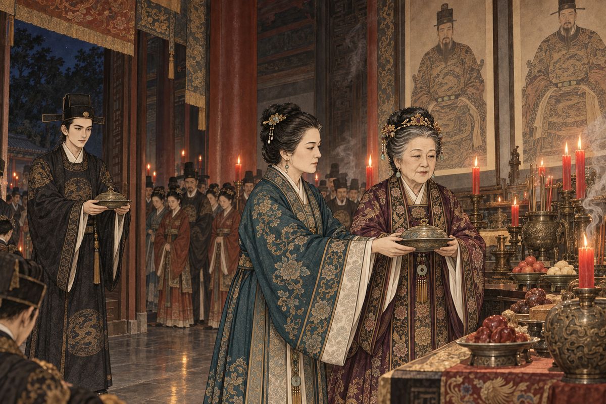Jia Zhen sent the greedy Jia Qin away empty-handed from the handout of New Year goods. On New Year's Eve the whole clan filled the ancestral temple. Each offering dish passed from hand to hand, from the men on the steps to the women inside, until Lady Wang gave it to Grandmother Jia, who set it before the founders' portraits.