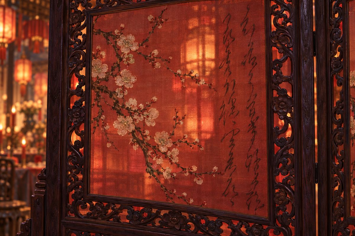 After a week of New Year banquets came the Lantern Festival. In her flower hall Grandmother Jia displayed her greatest treasure: a sixteen-leaf screen by Huiniang, a Suzhou gentleman's daughter who died at eighteen. Her sprays of flowers bore old poems stitched in black silk like real brushwork. On stage a child actor pleased the Matriarch, and coins rained over the boards.