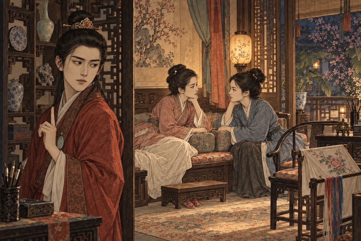 Grandmother Jia noticed Xiren's absence. Told that the girl's mother had just died, she sent Yuanyang, who had also lost her mother, to keep her company. Slipping back to Happy Red Court, Baoyu found the two maids lying on the kang, talking softly of their parents. He turned and tiptoed away so they could grieve in peace.