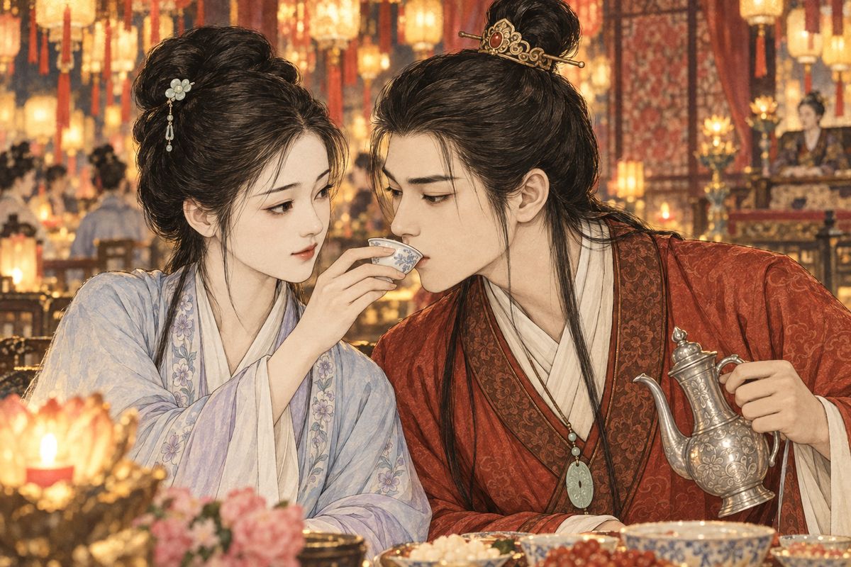 Back at the feast, Grandmother Jia had Baoyu pour warm wine for every lady and make each one drain her cup. When he reached Daiyu, she would not drink. Instead she lifted her cup to his lips, and he emptied it in one draught. 'Thank you,' she said with a smile, and he filled her cup again.