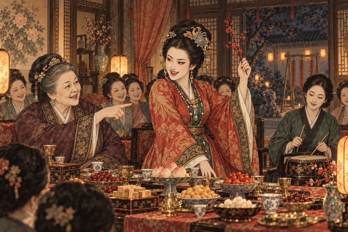 Past midnight the family crowded round one long table in the warm inner room. Xifeng proposed a drum game: a red plum branch passed round while the storytellers drummed, and whoever held it when the drum stopped must drink and tell a joke. The maids secretly coughed as a signal, and the drum stopped on Xifeng.