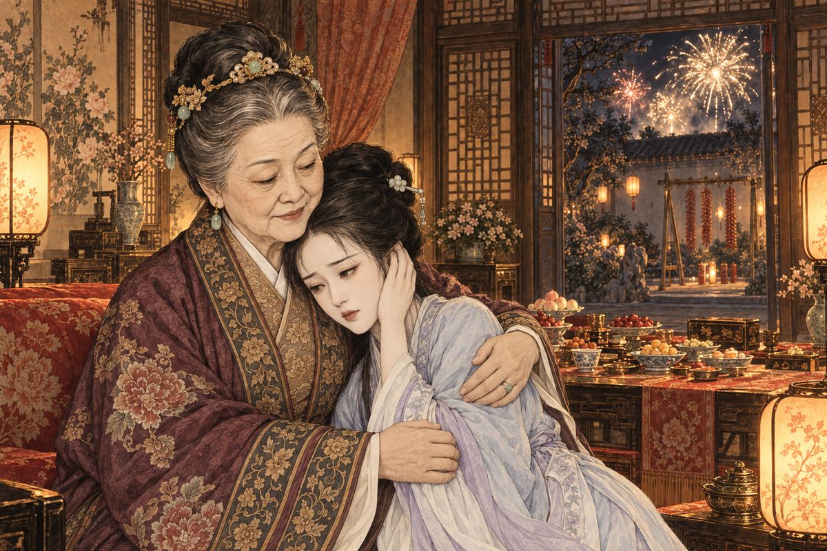 Then Grandmother Jia called for fireworks. Tribute rockets burst over the courtyard. Daiyu, too delicate to bear the crackle, was drawn into her grandmother's arms, while Aunt Xue held Xiangyun and Lady Wang held Baoyu. After almond tea at dawn the party broke up; within days the ancestors' portraits were put away, and the New Year was over.