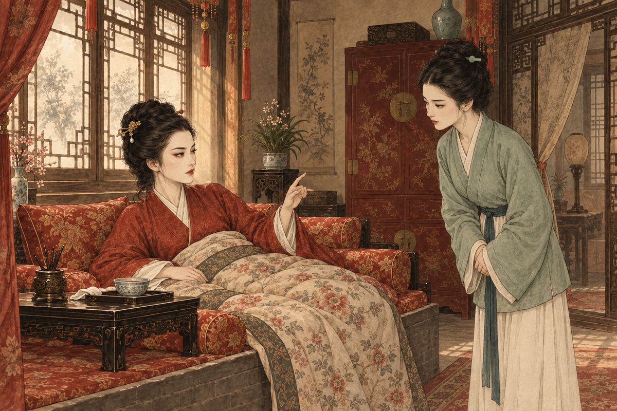 Just after New Year, Wang Xifeng miscarried. Sallow and weakened, she lay in bed for a month but still sent Ping'er out with orders. Lady Wang had lost her right hand. She gave the daily running of the house to gentle Li Wan, told Tanchun to share the work, and asked Baochai to keep watch over the garden.