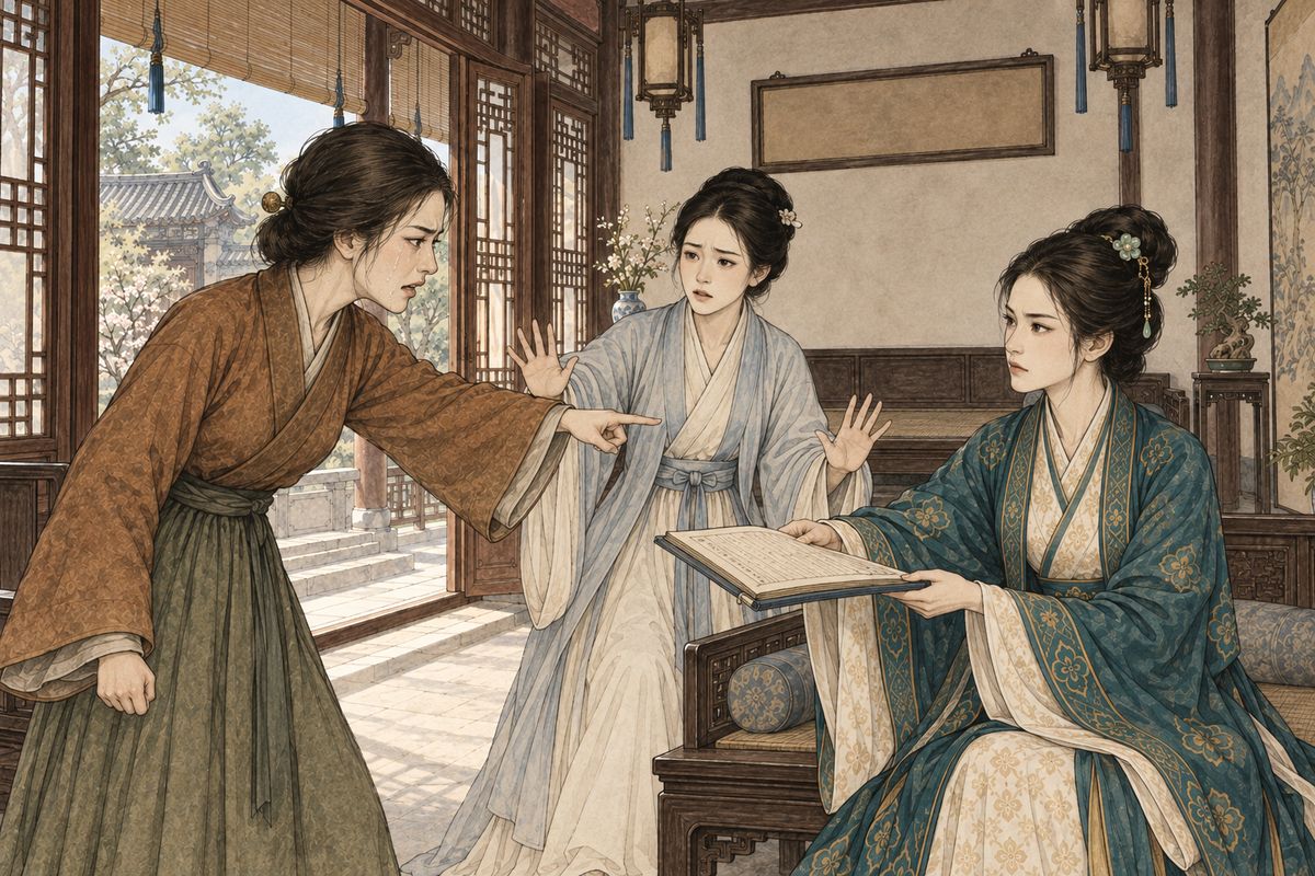 Concubine Zhao, Tanchun's own mother, burst in weeping. Everyone trampled on her, she cried, and now her own daughter did too, ranking her below a maid like Xiren. Tanchun calmly read her the ancestral precedent. Zhao only pushed harder: surely the girl could spare an extra twenty or thirty taels for her dead uncle.