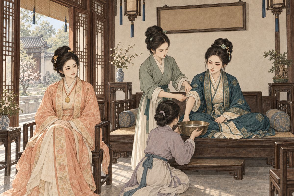 Ping'er came with Xifeng's offer to add a little to the twenty. Tanchun had wiped away her tears and refused to break precedent. Ping'er read her mood and stood silent. When Tanchun washed her face, Ping'er rolled back her sleeves and slipped off her bracelets, and she sharply dismissed a servant woman who tried to report business in the middle of it.