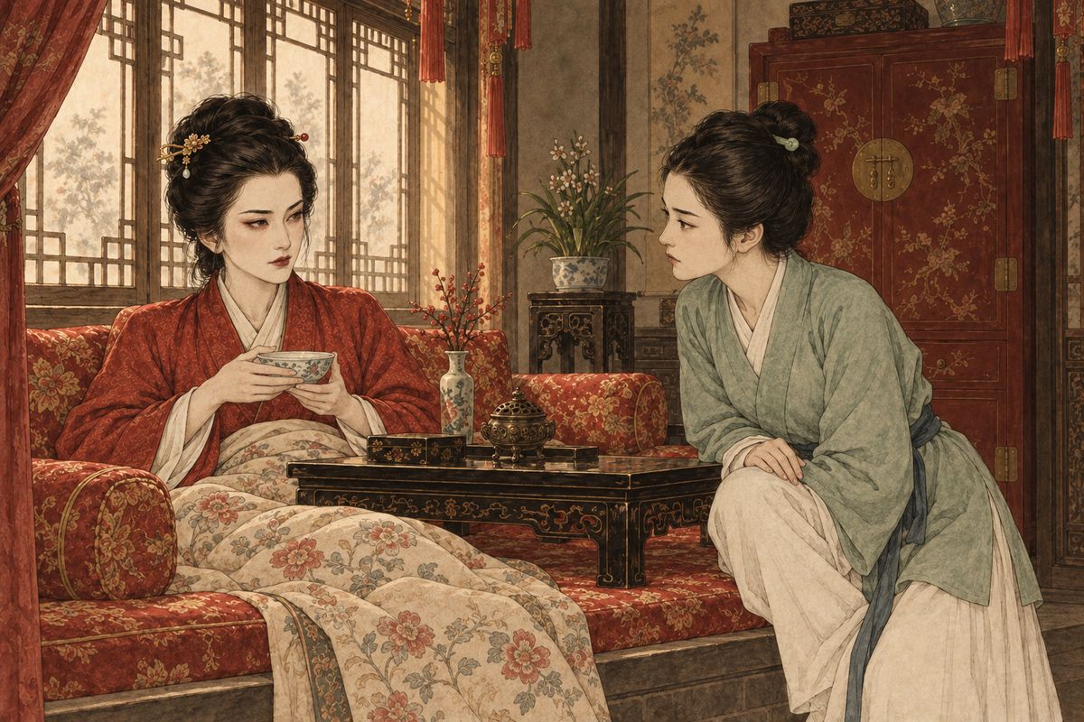 Back in her rooms, Xifeng heard the whole story and laughed: "Good, good, a fine Third Miss!" Then she admitted what she told no one. More money went out than came in, the estates yielded less than before, and without economies the family would be bled dry within a few years. She told Ping'er to give way if Tanchun overruled her.