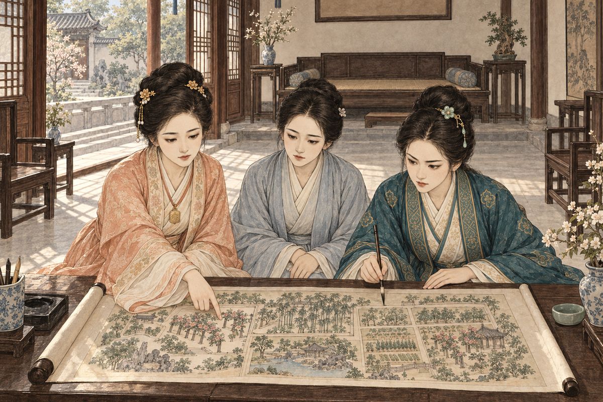 Tanchun cut the double allowance for hair oil and rouge. She also proposed handing garden plots to capable old women: bamboo to old Zhu, rice and vegetables to old Tian, roses and herbs to old Ye. Baochai refined the plan. Nothing would go through the counting-house, the women would supply the girls' daily goods, and each would pay a yearly share to the other old women.
