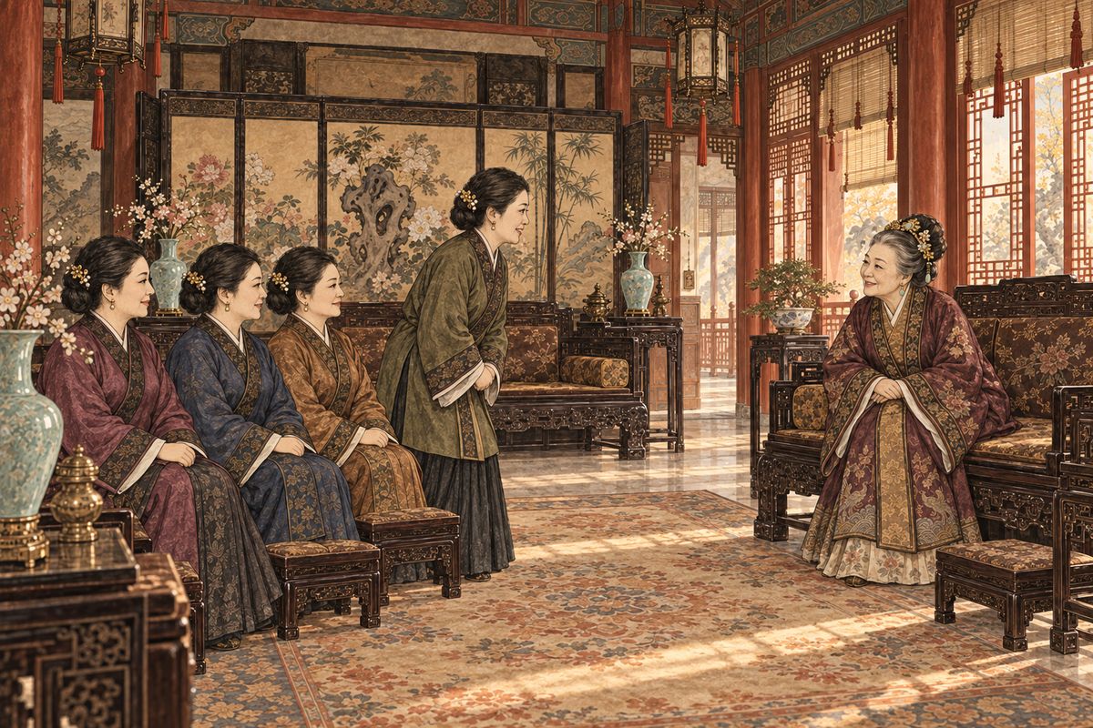 Word came that the Zhen family of Jiangnan had reached the capital and sent gifts of imperial silk. Four of their stewardesses, dressed almost like ladies, came to pay their respects. Questioning them, Grandmother Jia learned that the Zhens' pampered, truant thirteen-year-old heir was also called Baoyu.