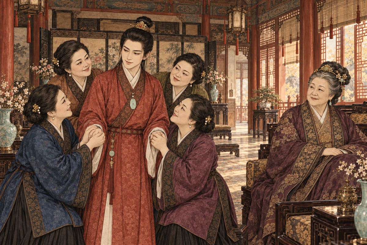 Grandmother Jia sent for her own Baoyu, and the four women started: he was the very image of theirs. They took his hands, saying their Baoyu would never allow such a thing. Grandmother Jia answered that well-bred boys, however wilful at home, owed visitors proper manners.