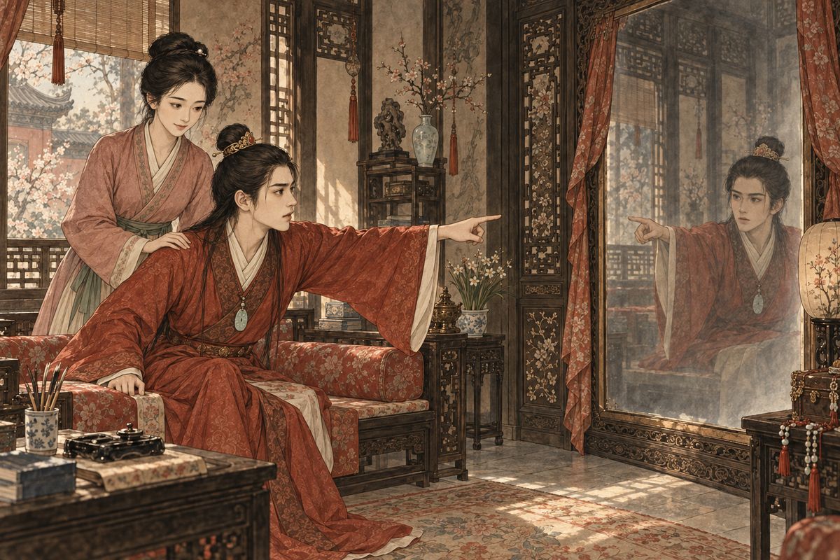 Troubled by his double, Baoyu dozed and dreamed of another garden. There, maids scorned him and a youth on a couch complained that the capital's Baoyu slept on, "an empty skin, his true self gone." Crying "Baoyu, come back!", he woke to laughter from Xiren. He had been facing his own reflection in the great mirror.