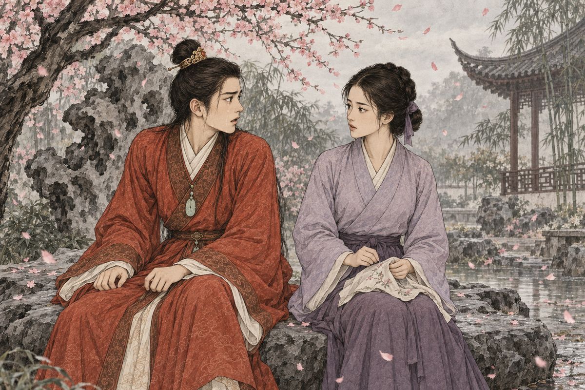 Early in spring Zijuan warned Baoyu that he was too old to touch her or joke with her, and left him weeping under a peach tree. Then she came back and sat beside him to test him. Daiyu would go home to Suzhou next year, she said, and wanted her keepsakes back. The news hit him like a thunderclap.