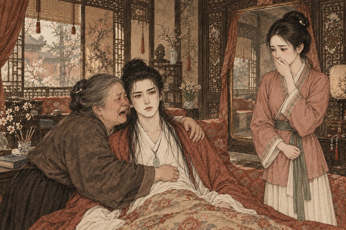 Qingwen led him home, his face flushed and his head running with sweat. In his rooms Baoyu stared straight ahead with drool at the corners of his mouth, and he did not feel it when Nanny Li pinched hard under his nose. The old nurse threw her arms around him and wailed that he was past saving, and the whole room broke down with her.