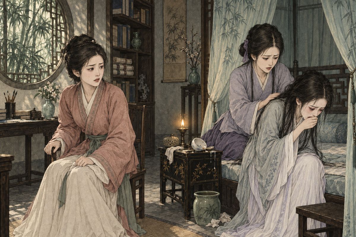 Xiren ran to Bamboo Lodge and blamed Zijuan for what she had said. She added that Baoyu was already half dead. Daiyu, who was taking her medicine, choked and brought it all back up in a fit of coughing so hard she could not lift her head. "Just fetch a rope and strangle me!" she gasped, and sent Zijuan to undo the harm.
