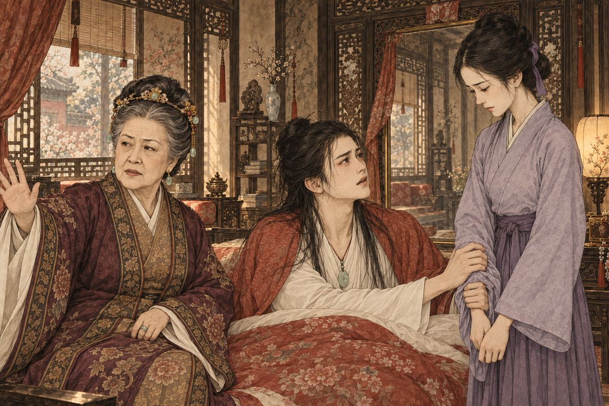 Grandmother Jia was already at the bedside. When Baoyu saw Zijuan he cried out at last and seized her, begging to be taken along if she left. When he heard a visitor surnamed Lin announced, he screamed that the Lins had come for Daiyu. The old lady banned Lin Zhixiao's wife from the Garden and forbade anyone to say the word "Lin".