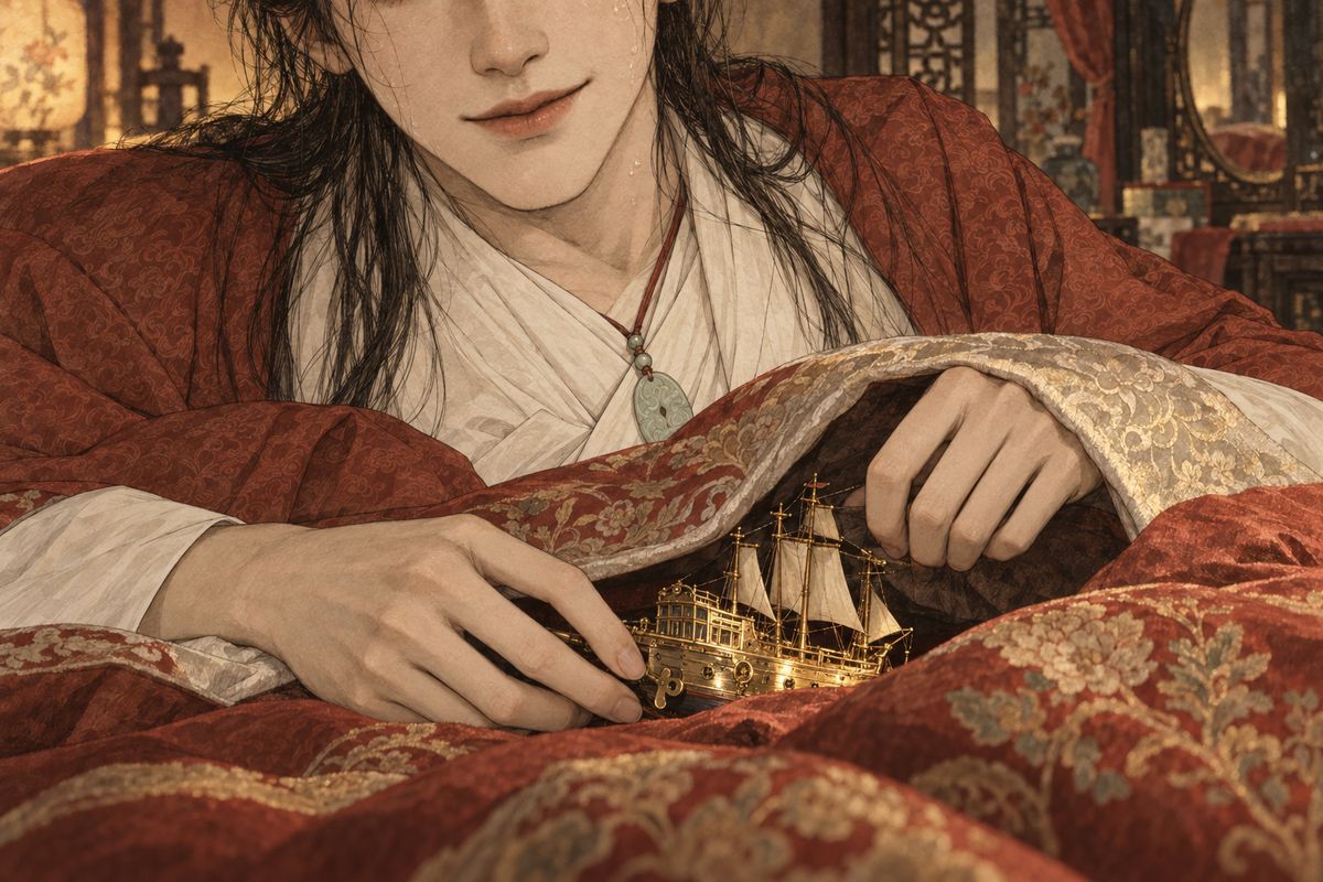 Then Baoyu noticed a small gilt Western clockwork ship on the curio shelf and shrieked that it was the boat come to take them away. Xiren handed it to him, and he pushed it under his quilt and laughed, "Now they can't go!" He would not let go of Zijuan either, so she was ordered to nurse him night and day.