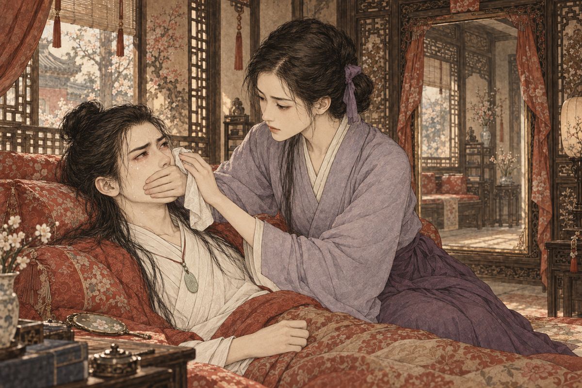 When Baoyu had recovered, he asked Zijuan why she had frightened him. She said the Lins had no one left, then teased that he would soon be married. He wept that he wished his heart would turn to ash and smoke. She covered his mouth and confessed she had only been testing him, because she meant to follow Daiyu wherever she went.