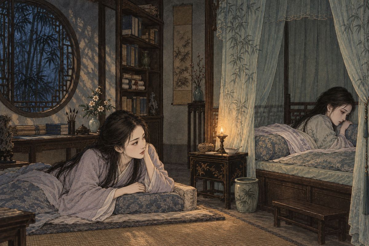 Back at Bamboo Lodge, after everyone had gone to bed, Zijuan spoke softly into the dark. Daiyu had no parents and no brothers, she said. She should settle her marriage while Grandmother Jia was still healthy, and with someone she had grown up with. "Ten thousand taels of gold are easy to find; one who truly knows you is hard to find." Daiyu scolded her for talking nonsense.